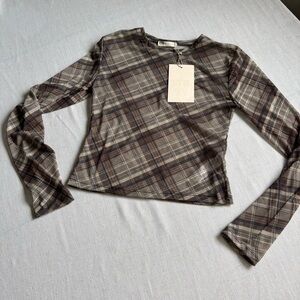 NWT Stradivarius Mesh Plaid Long Sleeve Top Women’s M